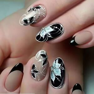 Black Floral Press On Nails